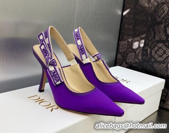 Luxury Dior J'Adior Slingback Pumps 9.5cm in Purple Embroidered Satin and Cotton 606038