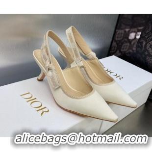 Classic Hot Dior J'Adior Slingback Pumps 6.5cm in White Embroidered Satin and Cotton 606045