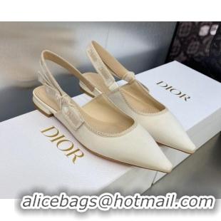 Good Quality Dior J'Adior Slingback Ballerina Flat in White Embroidered Satin and Cotton 606046