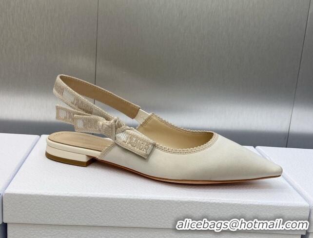 Good Quality Dior J'Adior Slingback Ballerina Flat in White Embroidered Satin and Cotton 606046