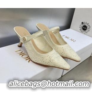 Luxurious Dior Capture Heeled Mules 6.5cm in Transparent Mesh Embroidered with Light Beige Saint-Gall Motif 606050