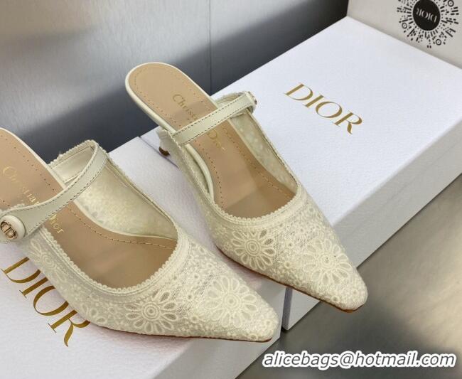 Luxurious Dior Capture Heeled Mules 6.5cm in Transparent Mesh Embroidered with Light Beige Saint-Gall Motif 606050