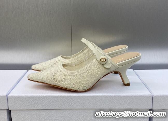 Luxurious Dior Capture Heeled Mules 6.5cm in Transparent Mesh Embroidered with Light Beige Saint-Gall Motif 606050