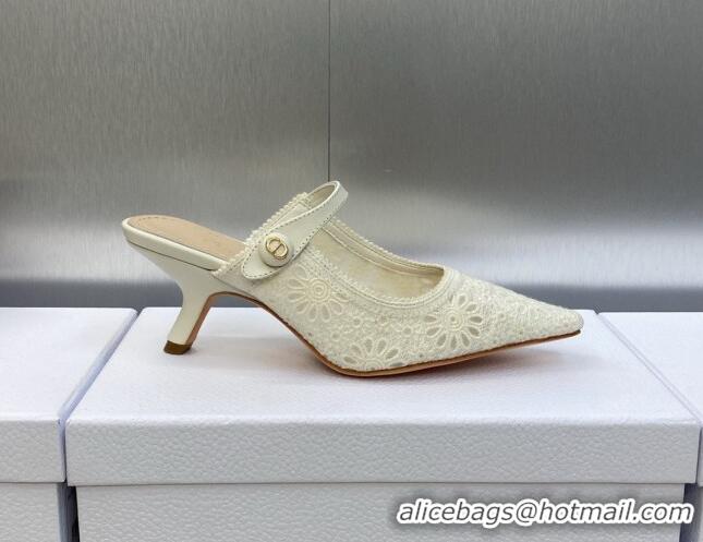 Luxurious Dior Capture Heeled Mules 6.5cm in Transparent Mesh Embroidered with Light Beige Saint-Gall Motif 606050