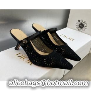 Duplicate Dior Capture Heeled Mules 6.5cm in Transparent Mesh Embroidered with Black Saint-Gall Motif 606051