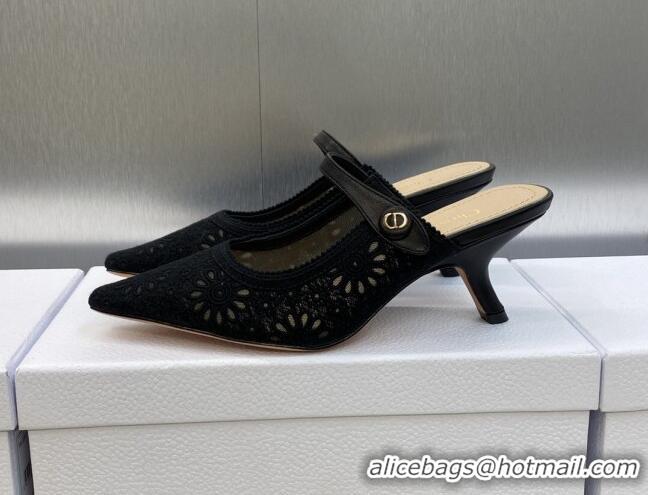 Duplicate Dior Capture Heeled Mules 6.5cm in Transparent Mesh Embroidered with Black Saint-Gall Motif 606051