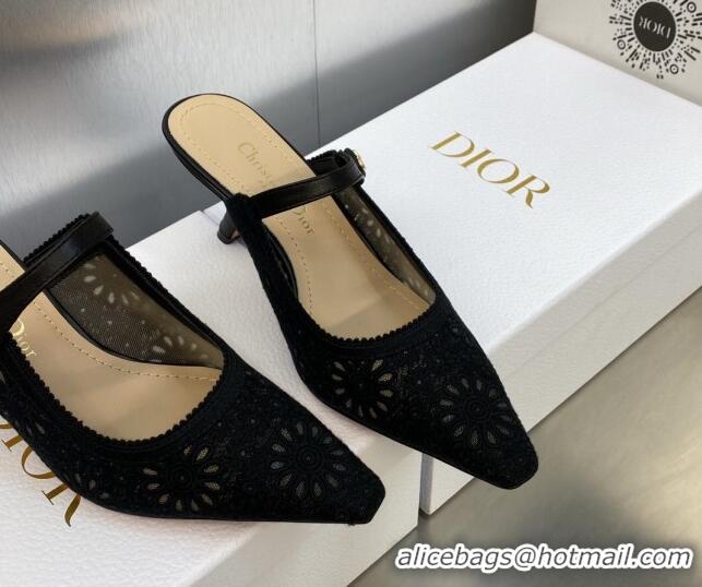 Duplicate Dior Capture Heeled Mules 6.5cm in Transparent Mesh Embroidered with Black Saint-Gall Motif 606051