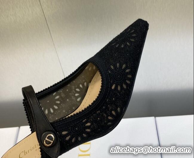 Duplicate Dior Capture Heeled Mules 6.5cm in Transparent Mesh Embroidered with Black Saint-Gall Motif 606051