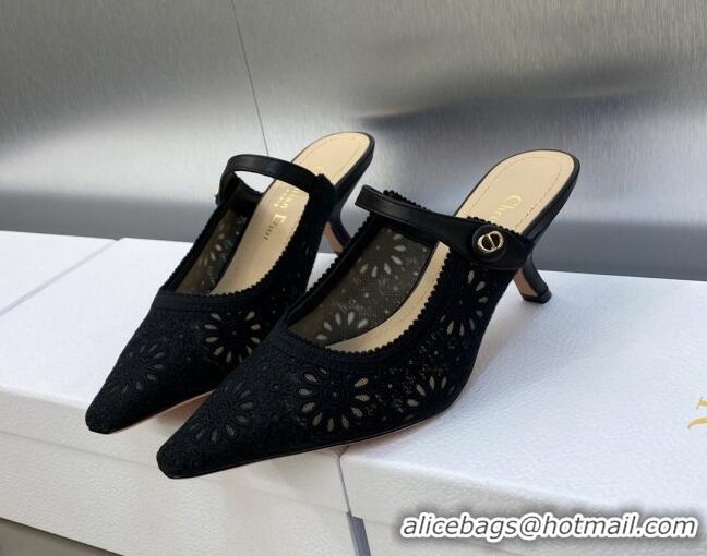 Duplicate Dior Capture Heeled Mules 6.5cm in Transparent Mesh Embroidered with Black Saint-Gall Motif 606051