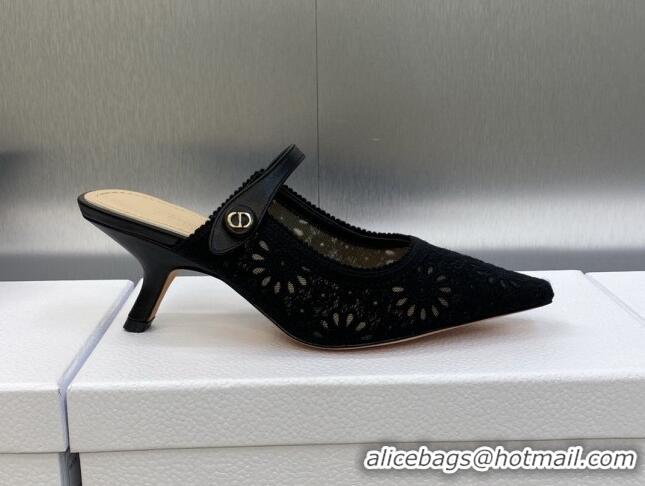 Duplicate Dior Capture Heeled Mules 6.5cm in Transparent Mesh Embroidered with Black Saint-Gall Motif 606051