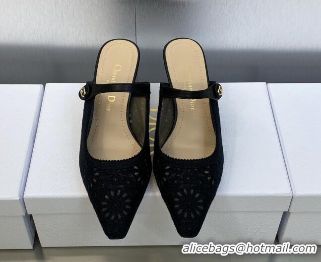 Duplicate Dior Capture Heeled Mules 6.5cm in Transparent Mesh Embroidered with Black Saint-Gall Motif 606051