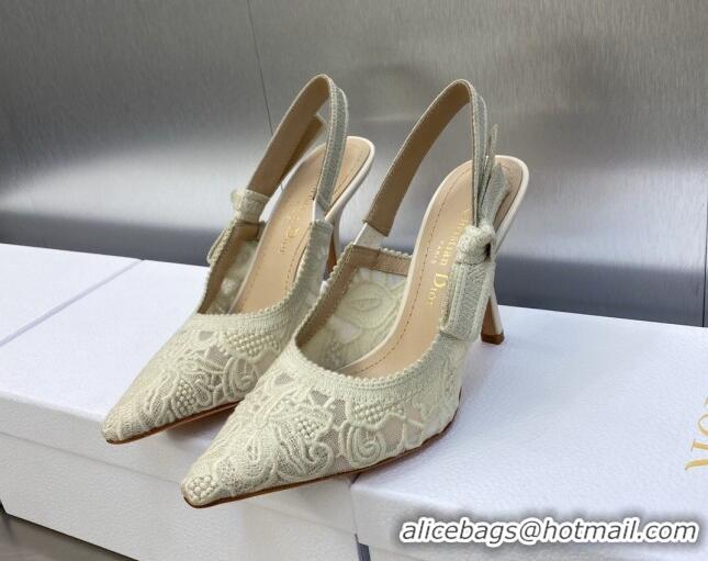 Perfect Dior J'Adior Slingback Pumps 9.5cm in Transparent Mesh Embroidered with Cream White D-Lace Motif 606052