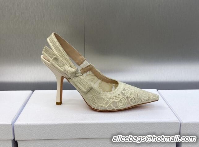 Perfect Dior J'Adior Slingback Pumps 9.5cm in Transparent Mesh Embroidered with Cream White D-Lace Motif 606052