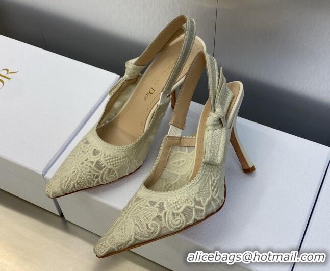 Perfect Dior J'Adior Slingback Pumps 9.5cm in Transparent Mesh Embroidered with Cream White D-Lace Motif 606052