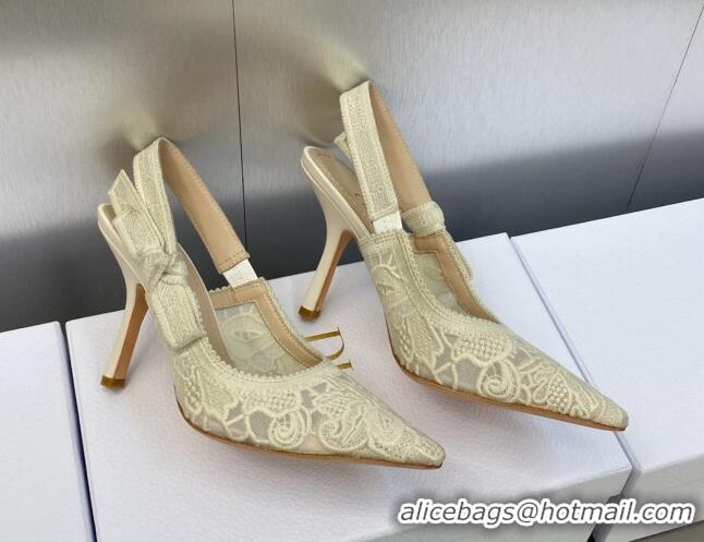 Perfect Dior J'Adior Slingback Pumps 9.5cm in Transparent Mesh Embroidered with Cream White D-Lace Motif 606052