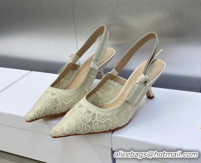 Pretty Style Dior J'Adior Slingback Pumps 6.5cm in Transparent Mesh Embroidered with Cream White D-Lace Motif 606053