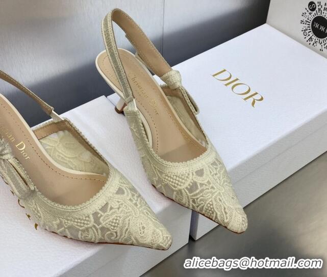 Pretty Style Dior J'Adior Slingback Pumps 6.5cm in Transparent Mesh Embroidered with Cream White D-Lace Motif 606053