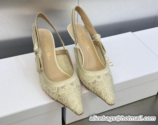 Pretty Style Dior J'Adior Slingback Pumps 6.5cm in Transparent Mesh Embroidered with Cream White D-Lace Motif 606053