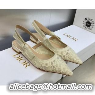 Good Product Dior J'Adior Slingback Flat in Transparent Mesh Embroidered with Cream White D-Lace Motif 606054