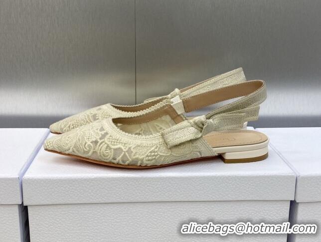 Good Product Dior J'Adior Slingback Flat in Transparent Mesh Embroidered with Cream White D-Lace Motif 606054