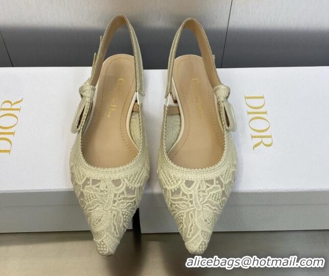 Good Product Dior J'Adior Slingback Flat in Transparent Mesh Embroidered with Cream White D-Lace Motif 606054