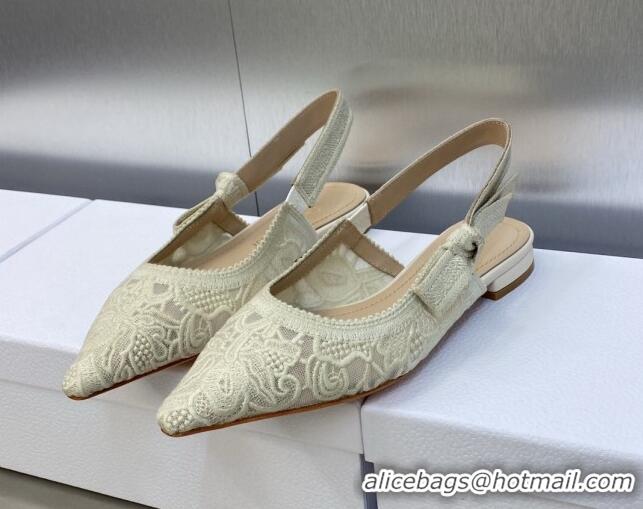 Good Product Dior J'Adior Slingback Flat in Transparent Mesh Embroidered with Cream White D-Lace Motif 606054