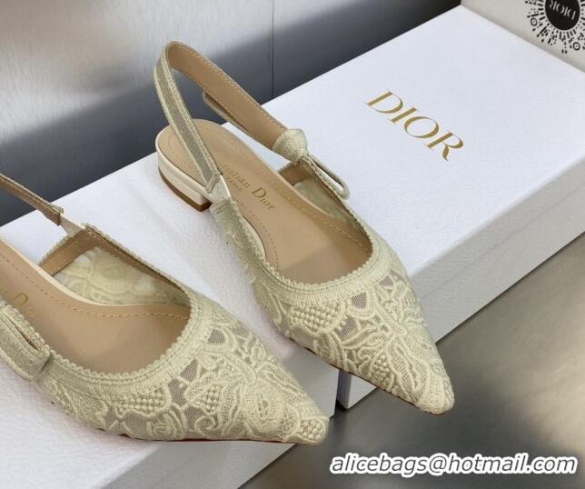 Good Product Dior J'Adior Slingback Flat in Transparent Mesh Embroidered with Cream White D-Lace Motif 606054