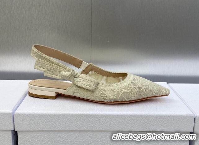 Good Product Dior J'Adior Slingback Flat in Transparent Mesh Embroidered with Cream White D-Lace Motif 606054