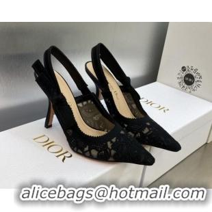 Top Design Dior J'Adior Slingback Pumps 9.5cm in Transparent Mesh Embroidered with Black D-Lace Motif 606056