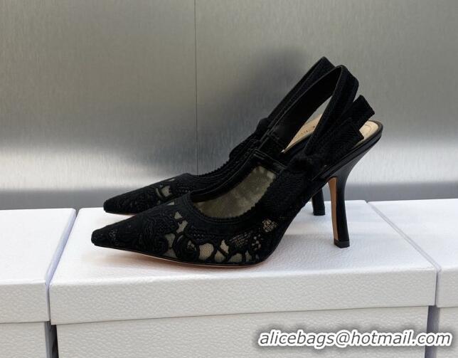 Top Design Dior J'Adior Slingback Pumps 9.5cm in Transparent Mesh Embroidered with Black D-Lace Motif 606056