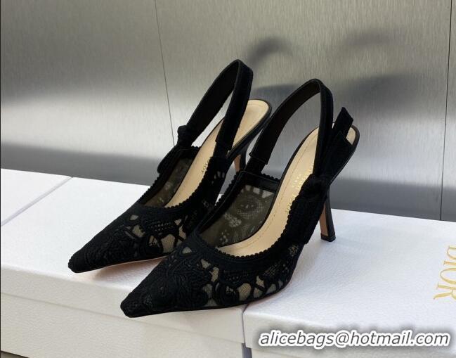 Top Design Dior J'Adior Slingback Pumps 9.5cm in Transparent Mesh Embroidered with Black D-Lace Motif 606056