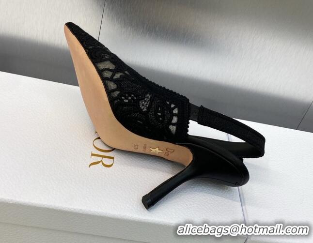 Top Design Dior J'Adior Slingback Pumps 9.5cm in Transparent Mesh Embroidered with Black D-Lace Motif 606056