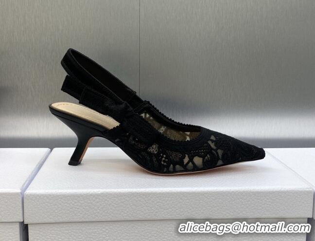 Popular Style Dior J'Adior Slingback Pumps 6.5cm in Transparent Mesh Embroidered with Black D-Lace Motif 606057