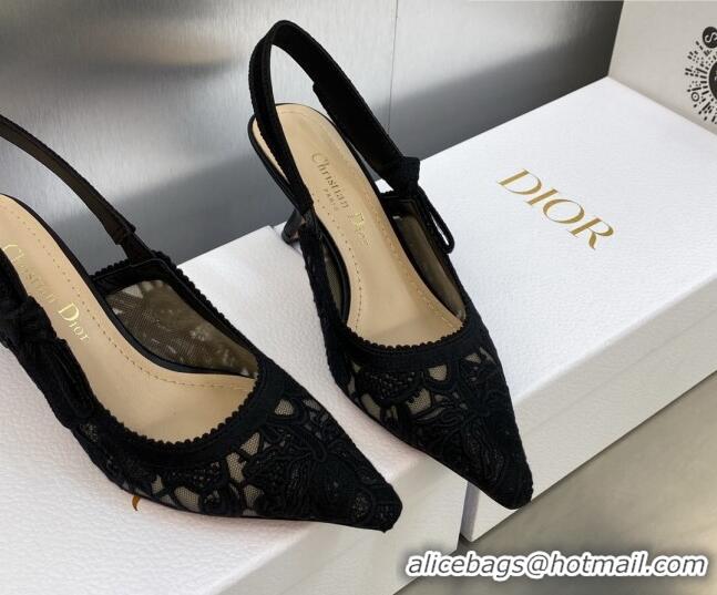 Popular Style Dior J'Adior Slingback Pumps 6.5cm in Transparent Mesh Embroidered with Black D-Lace Motif 606057