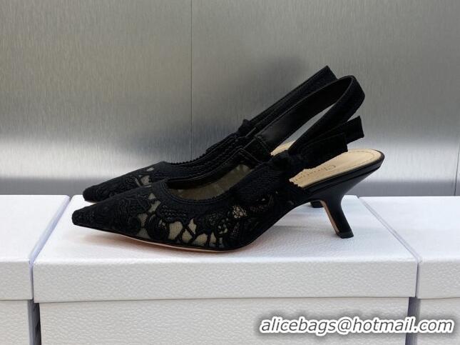 Popular Style Dior J'Adior Slingback Pumps 6.5cm in Transparent Mesh Embroidered with Black D-Lace Motif 606057