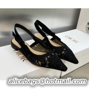 Top Grade Dior J'Adior Slingback Flat in Transparent Mesh Embroidered with Black D-Lace Motif 606058