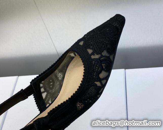 Top Grade Dior J'Adior Slingback Flat in Transparent Mesh Embroidered with Black D-Lace Motif 606058