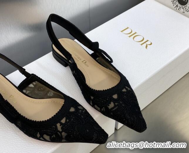 Top Grade Dior J'Adior Slingback Flat in Transparent Mesh Embroidered with Black D-Lace Motif 606058