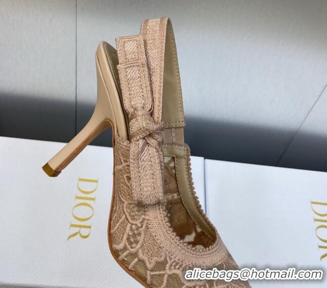 Stylish Dior J'Adior Slingback Pumps 9.5cm in Transparent Mesh Embroidered with Rose Des Vents Pink D-Lace Motif 606059