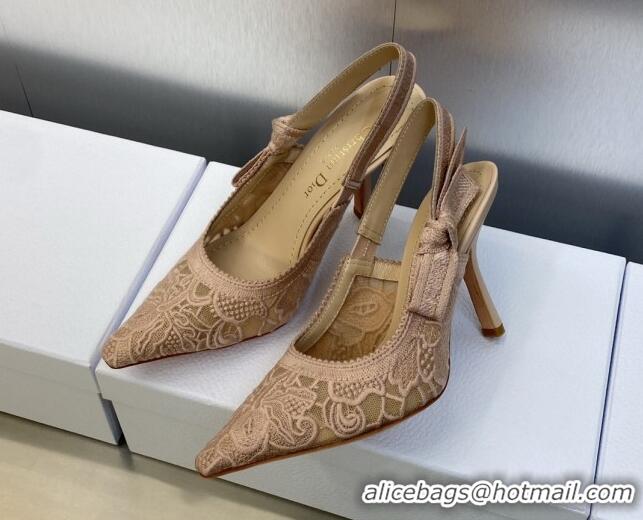 Stylish Dior J'Adior Slingback Pumps 9.5cm in Transparent Mesh Embroidered with Rose Des Vents Pink D-Lace Motif 606059