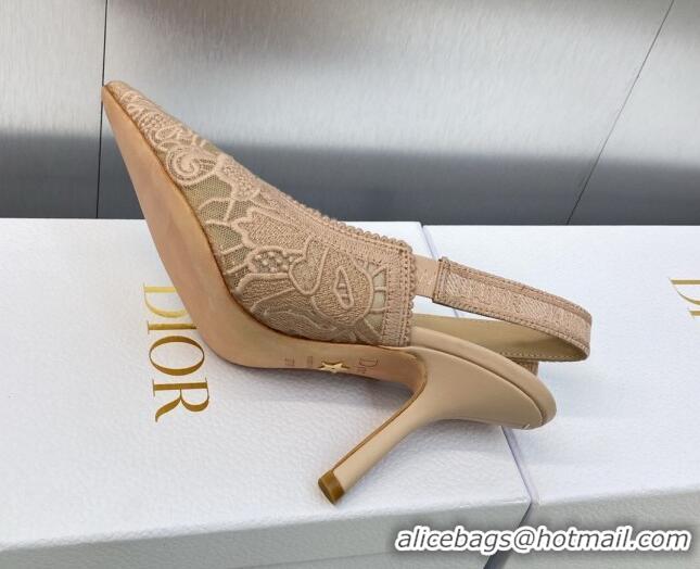 Stylish Dior J'Adior Slingback Pumps 9.5cm in Transparent Mesh Embroidered with Rose Des Vents Pink D-Lace Motif 606059