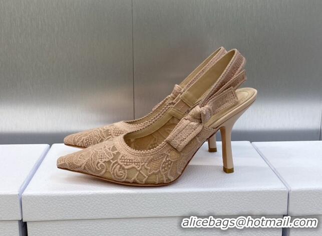 Stylish Dior J'Adior Slingback Pumps 9.5cm in Transparent Mesh Embroidered with Rose Des Vents Pink D-Lace Motif 606059