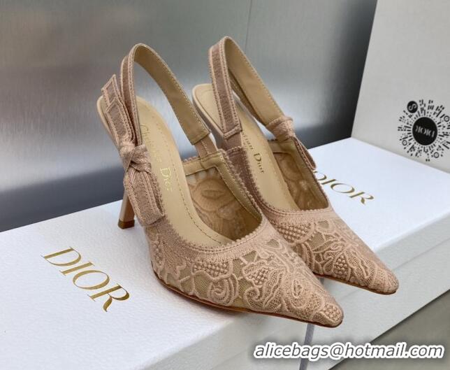 Stylish Dior J'Adior Slingback Pumps 9.5cm in Transparent Mesh Embroidered with Rose Des Vents Pink D-Lace Motif 606059