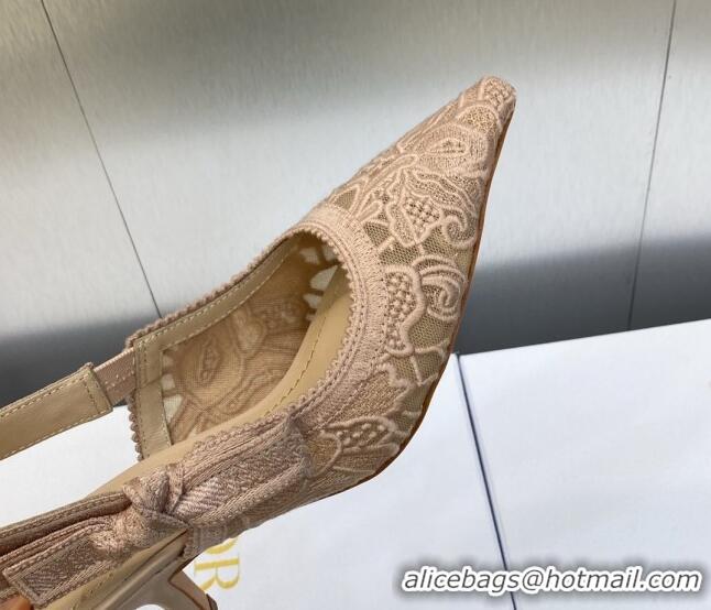 Stylish Dior J'Adior Slingback Pumps 6.5cm in Transparent Mesh Embroidered with Rose Des Vents Pink D-Lace Motif 606060