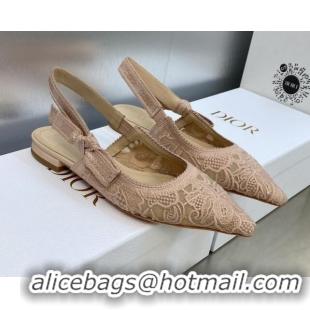 Grade Quality Dior J'Adior Slingback Flat in Transparent Mesh Embroidered with Rose Des Vents Pink D-Lace Motif 606061