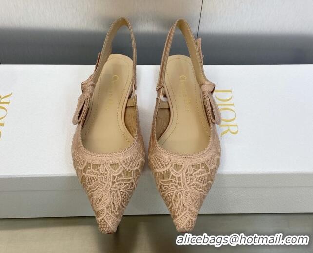 Grade Quality Dior J'Adior Slingback Flat in Transparent Mesh Embroidered with Rose Des Vents Pink D-Lace Motif 606061