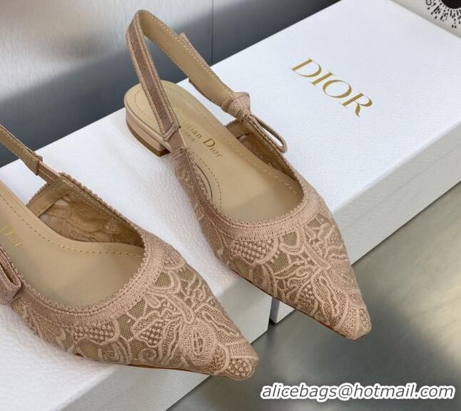 Grade Quality Dior J'Adior Slingback Flat in Transparent Mesh Embroidered with Rose Des Vents Pink D-Lace Motif 606061