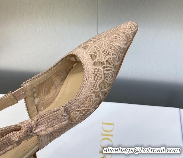 Grade Quality Dior J'Adior Slingback Flat in Transparent Mesh Embroidered with Rose Des Vents Pink D-Lace Motif 606061