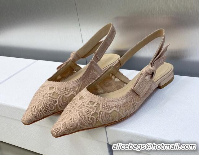 Grade Quality Dior J'Adior Slingback Flat in Transparent Mesh Embroidered with Rose Des Vents Pink D-Lace Motif 606061