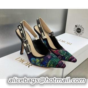 Best Grade Dior J'Adior Slingback Pumps 9.5cm in Purple Multicolor Embroidered Cotton with Toile de Jouy Voyage Motif 60